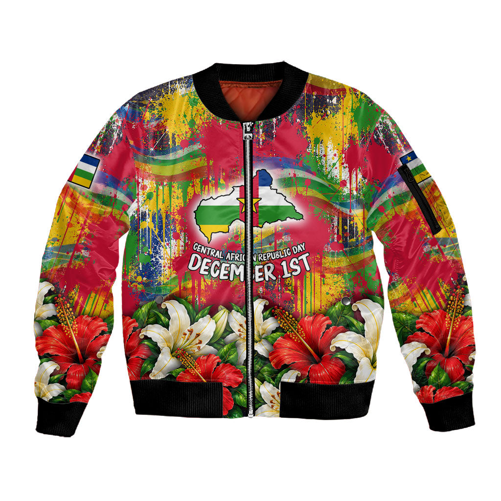 Central African Republic Day Sleeve Zip Bomber Jacket Elephant Colorful Paint Splatter Map Tropical Flowers