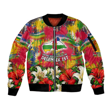 Central African Republic Day Sleeve Zip Bomber Jacket Elephant Colorful Paint Splatter Map Tropical Flowers