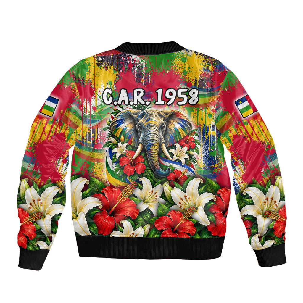 Central African Republic Day Sleeve Zip Bomber Jacket Elephant Colorful Paint Splatter Map Tropical Flowers