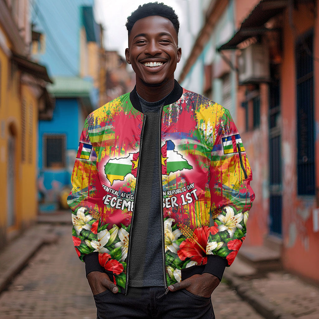 Central African Republic Day Sleeve Zip Bomber Jacket Elephant Colorful Paint Splatter Map Tropical Flowers