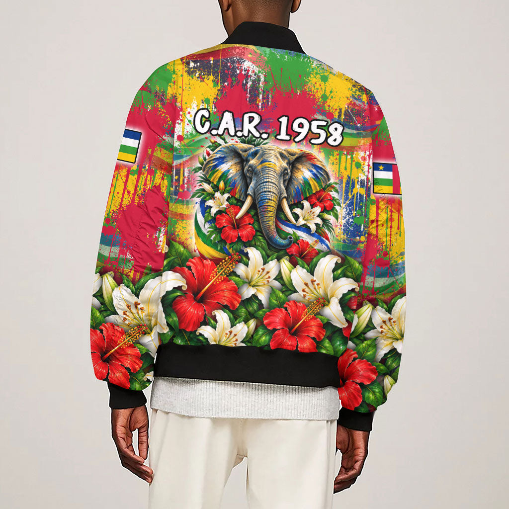 Central African Republic Day Sleeve Zip Bomber Jacket Elephant Colorful Paint Splatter Map Tropical Flowers