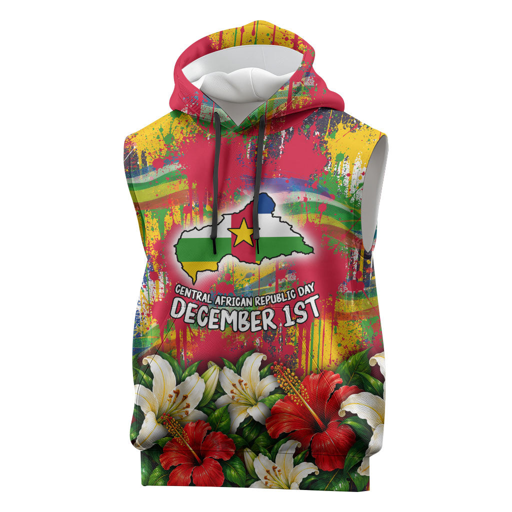 Central African Republic Day Sleeveless Hoodie Elephant Colorful Paint Splatter Map Tropical Flowers
