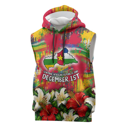 Central African Republic Day Sleeveless Hoodie Elephant Colorful Paint Splatter Map Tropical Flowers