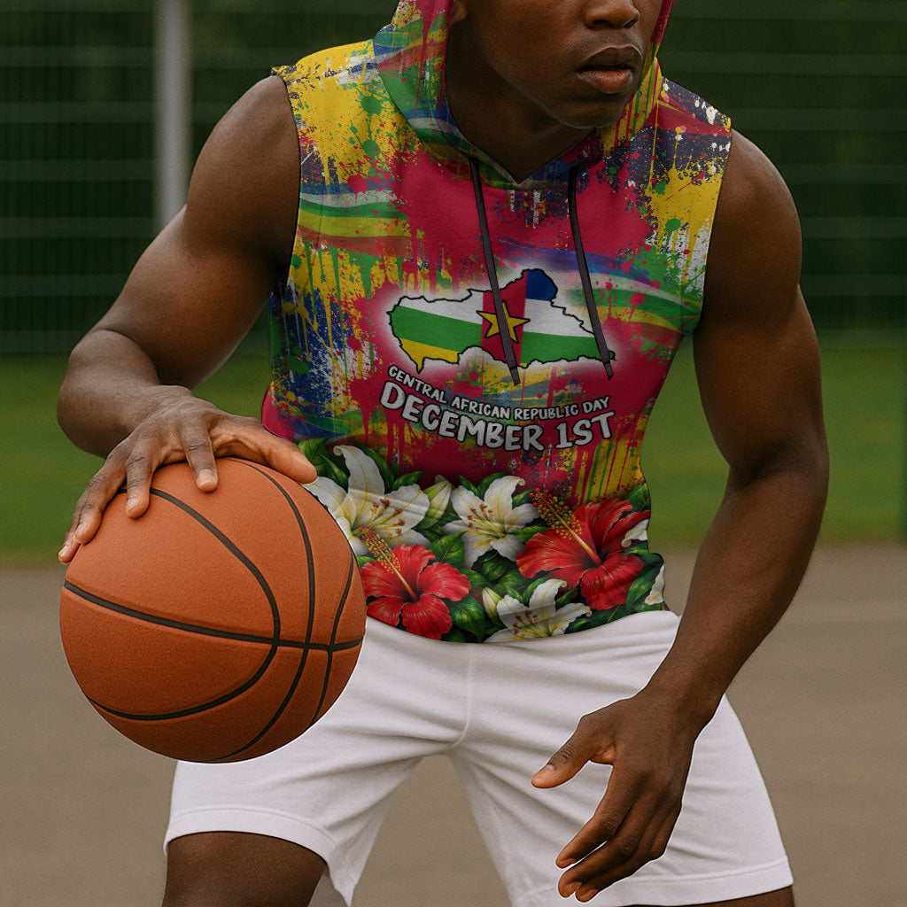 Central African Republic Day Sleeveless Hoodie Elephant Colorful Paint Splatter Map Tropical Flowers