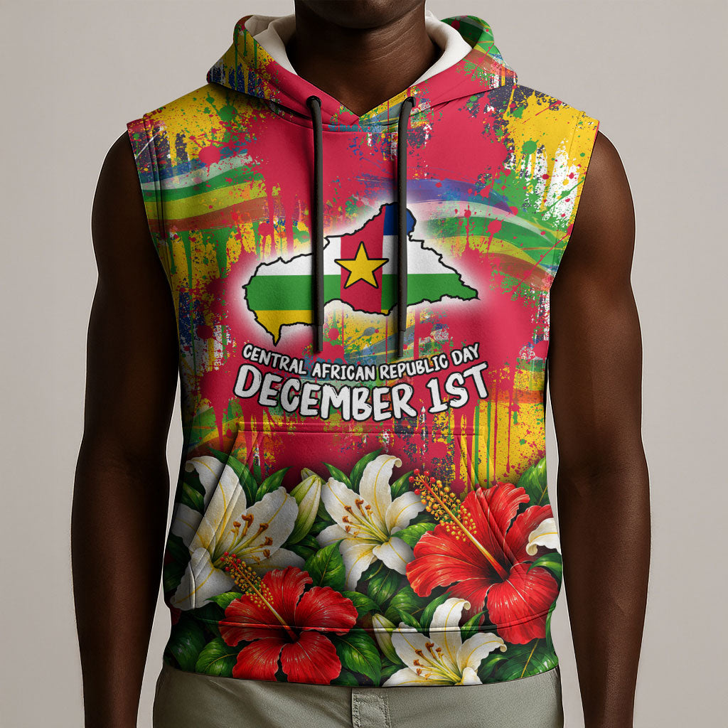 Central African Republic Day Sleeveless Hoodie Elephant Colorful Paint Splatter Map Tropical Flowers