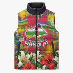 Central African Republic Day Sleeveless Puffer Jacket Elephant Colorful Paint Splatter Map Tropical Flowers