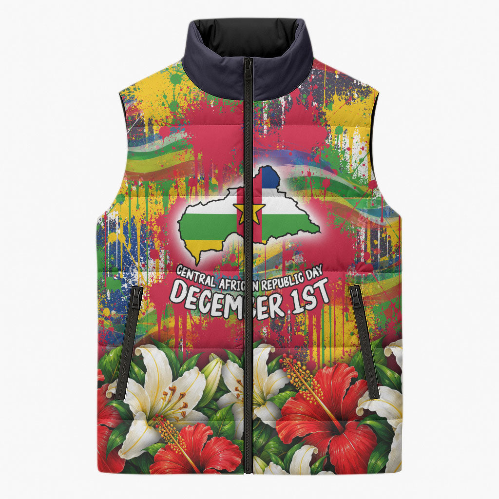 Central African Republic Day Sleeveless Puffer Jacket Elephant Colorful Paint Splatter Map Tropical Flowers