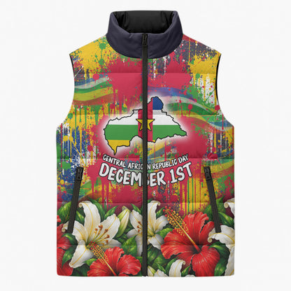 Central African Republic Day Sleeveless Puffer Jacket Elephant Colorful Paint Splatter Map Tropical Flowers