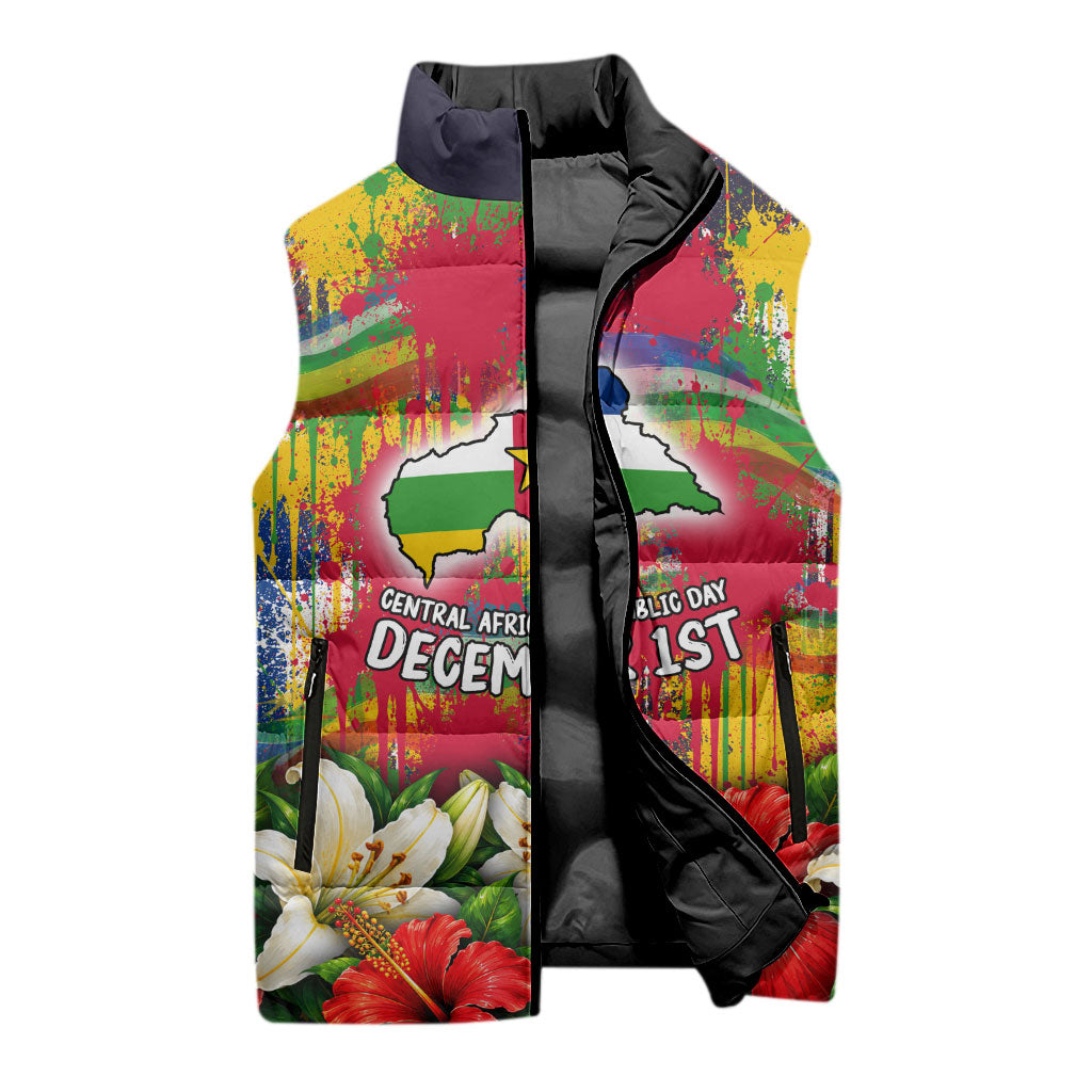 Central African Republic Day Sleeveless Puffer Jacket Elephant Colorful Paint Splatter Map Tropical Flowers