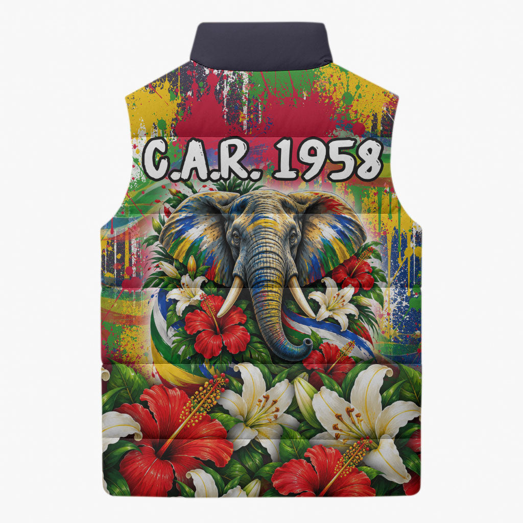 Central African Republic Day Sleeveless Puffer Jacket Elephant Colorful Paint Splatter Map Tropical Flowers