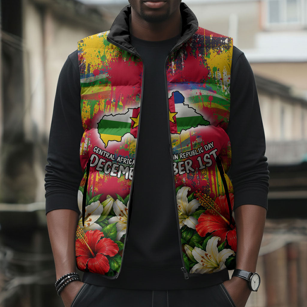 Central African Republic Day Sleeveless Puffer Jacket Elephant Colorful Paint Splatter Map Tropical Flowers