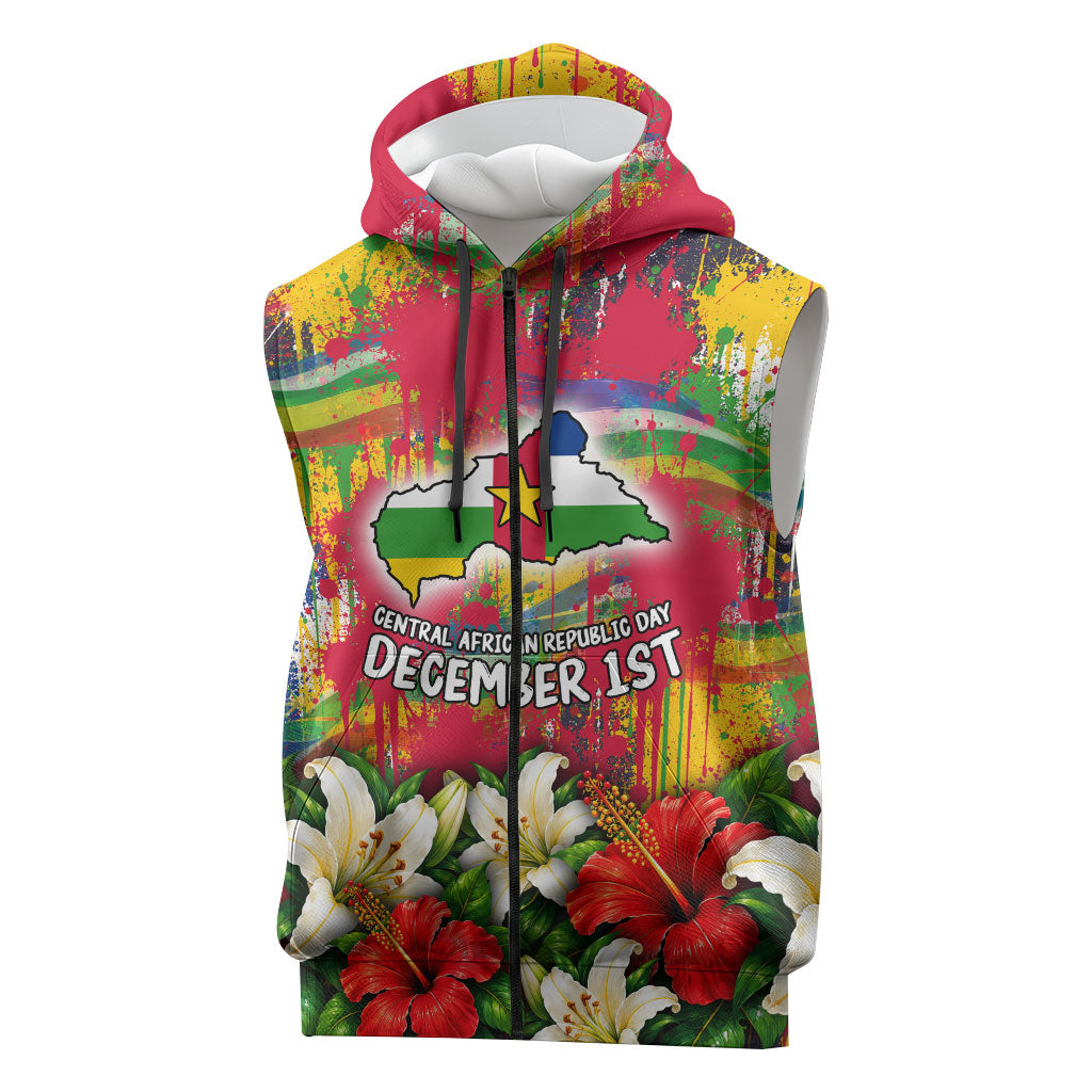 Central African Republic Day Sleeveless Zip Hoodie Elephant Colorful Paint Splatter Map Tropical Flowers