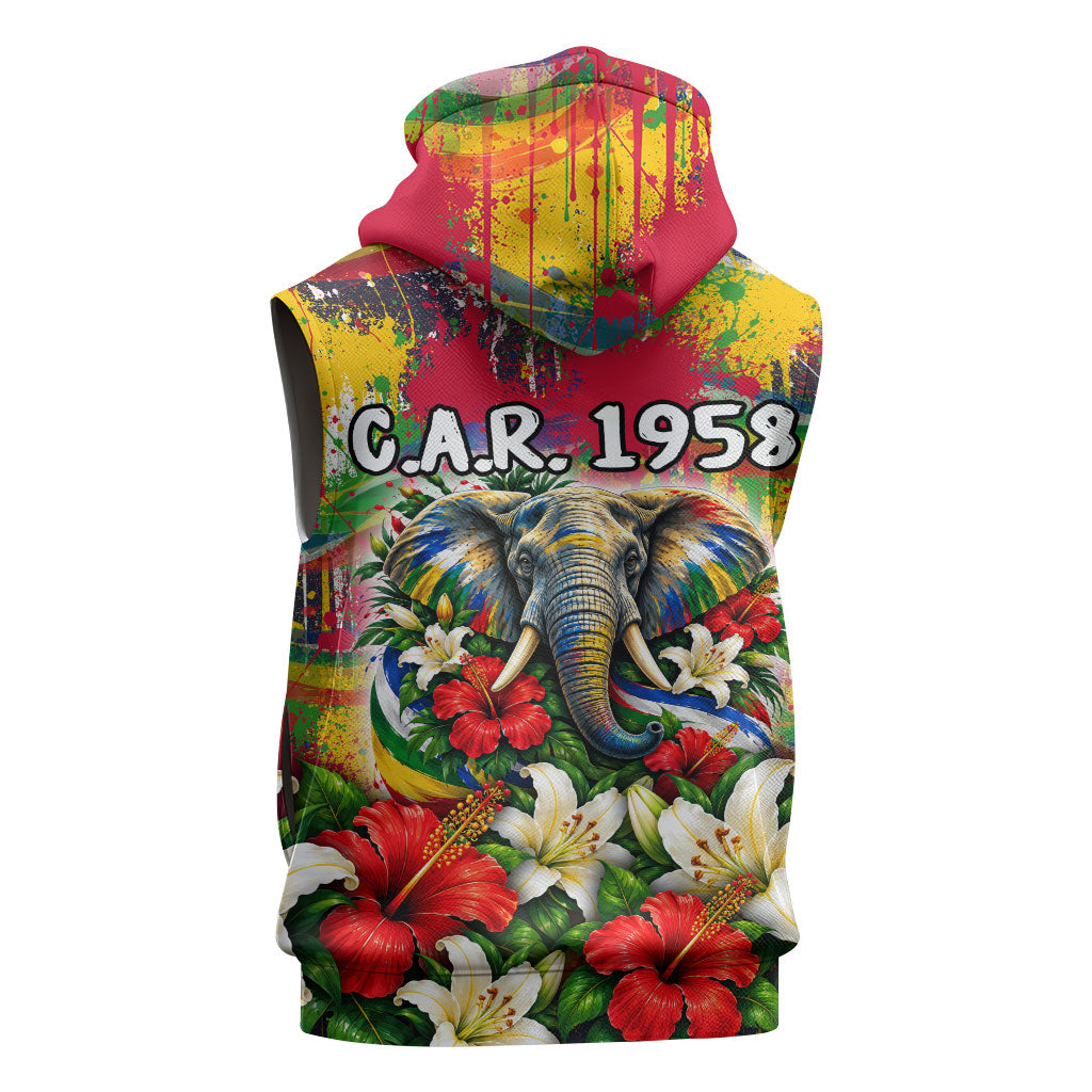 Central African Republic Day Sleeveless Zip Hoodie Elephant Colorful Paint Splatter Map Tropical Flowers