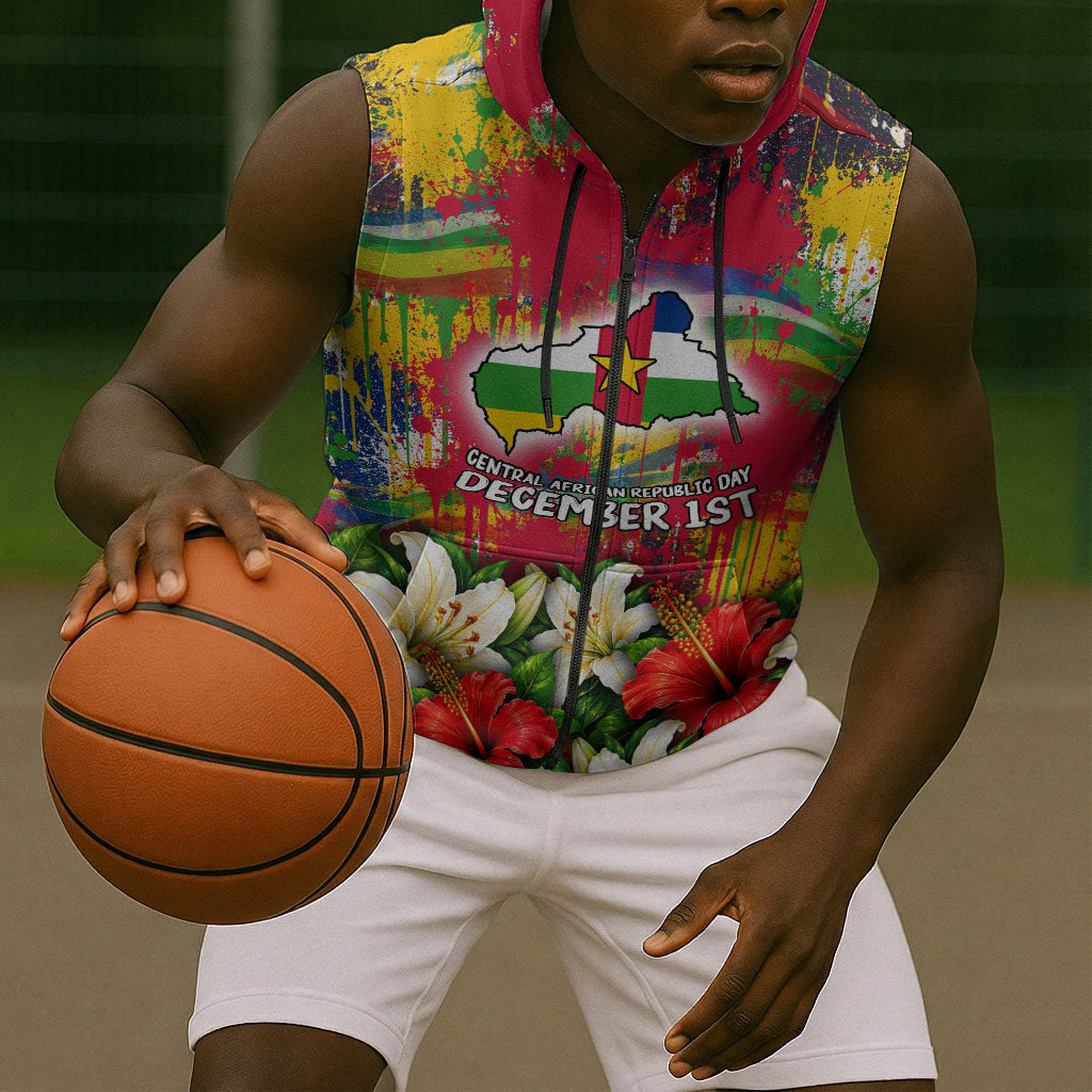 Central African Republic Day Sleeveless Zip Hoodie Elephant Colorful Paint Splatter Map Tropical Flowers