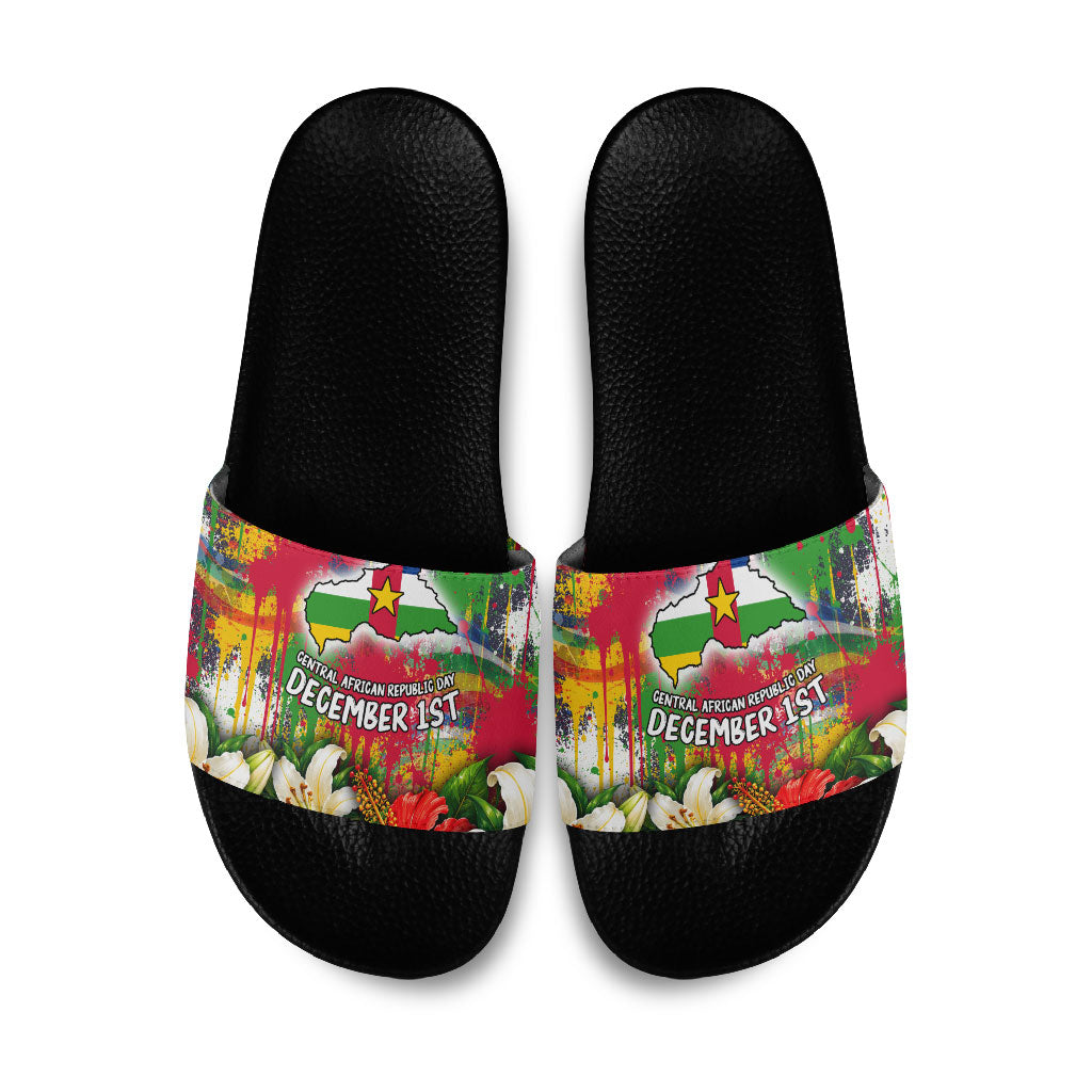 Central African Republic Day Slide Sandals Elephant Colorful Paint Splatter Map Tropical Flowers