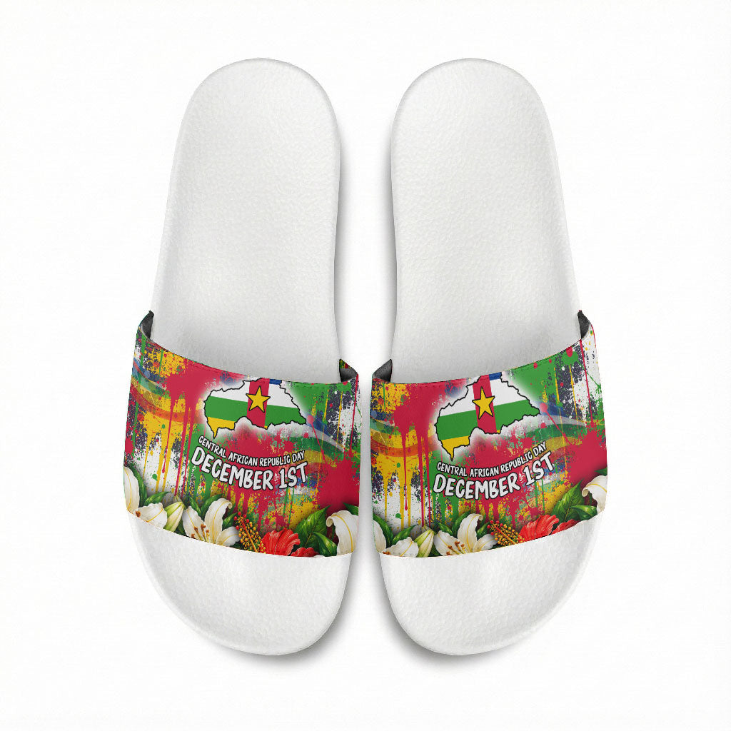 Central African Republic Day Slide Sandals Elephant Colorful Paint Splatter Map Tropical Flowers