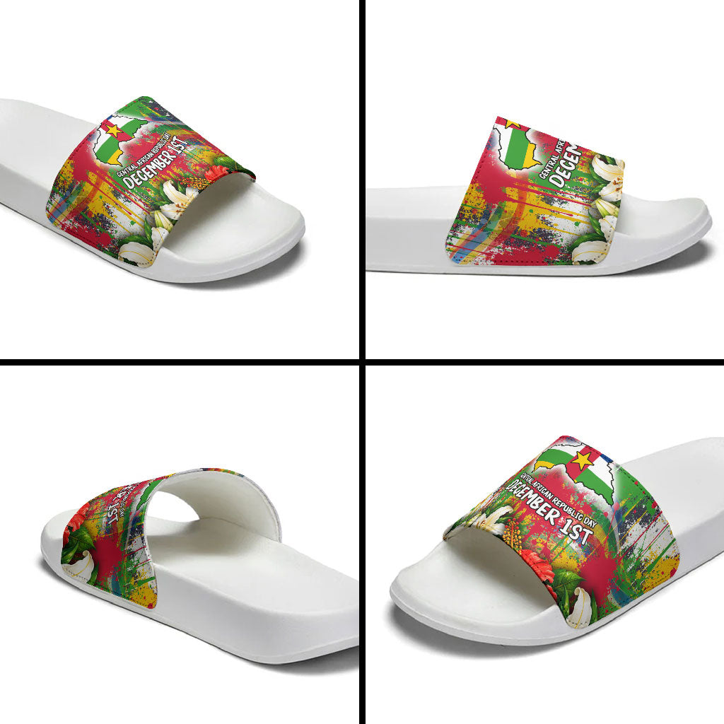 Central African Republic Day Slide Sandals Elephant Colorful Paint Splatter Map Tropical Flowers