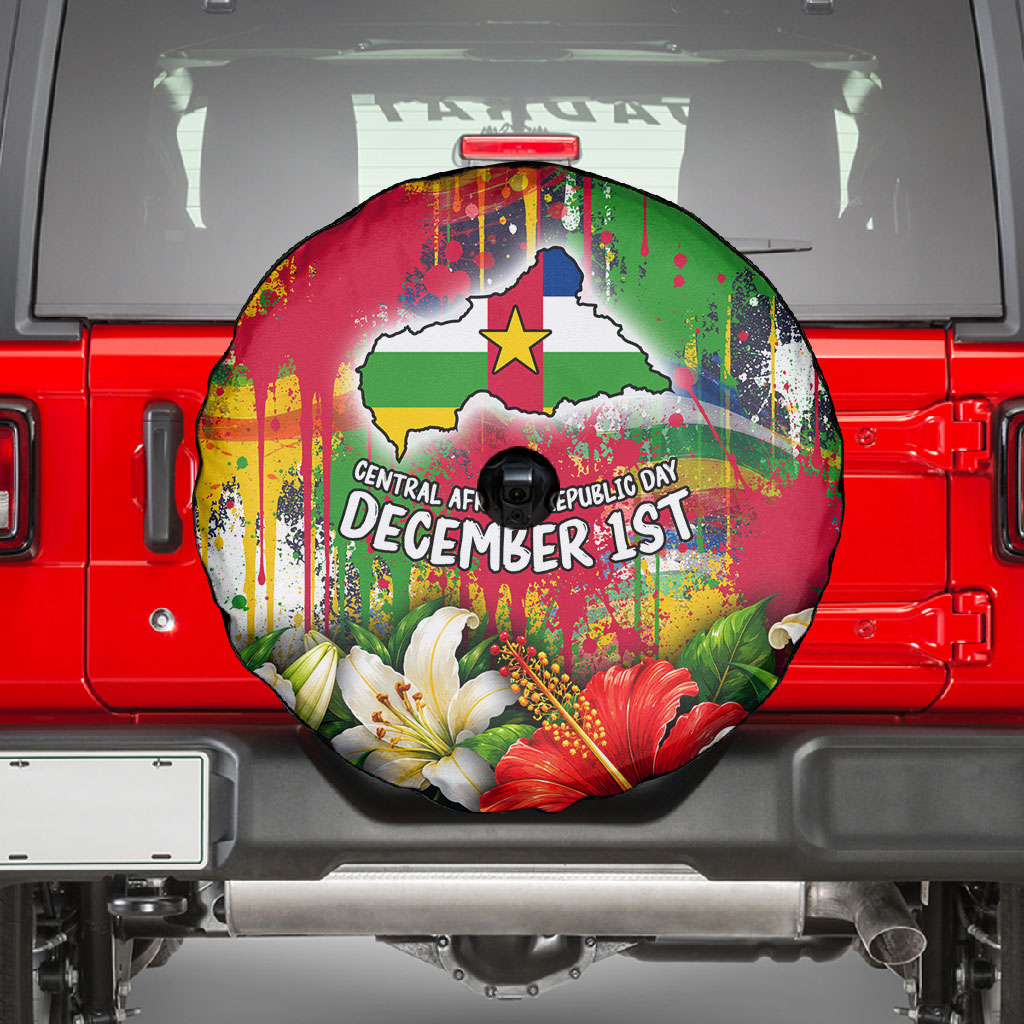 Central African Republic Day Spare Tire Cover Elephant Colorful Paint Splatter Map Tropical Flowers
