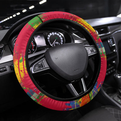 Central African Republic Day Steering Wheel Cover Elephant Colorful Paint Splatter Map Tropical Flowers