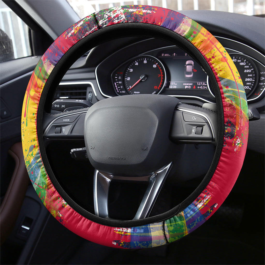 Central African Republic Day Steering Wheel Cover Elephant Colorful Paint Splatter Map Tropical Flowers