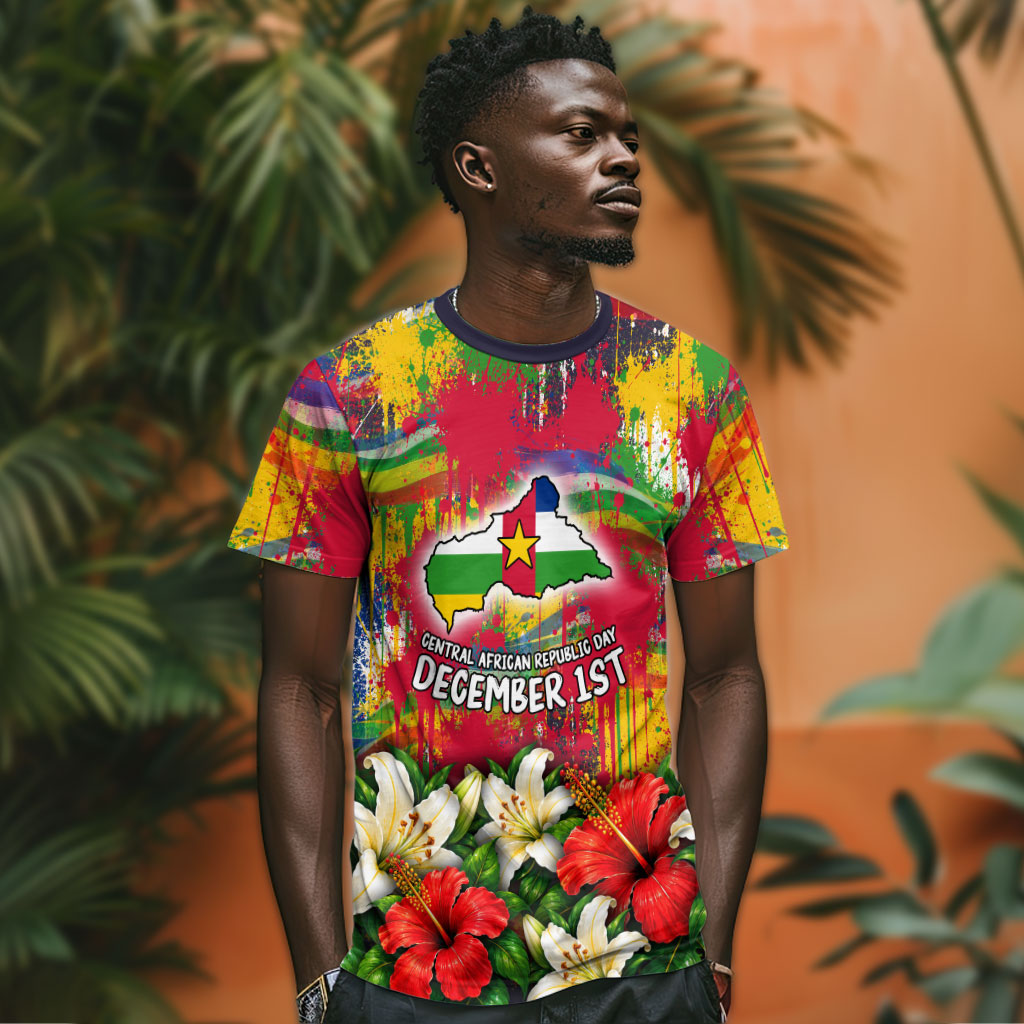 Central African Republic Day T shirt Elephant Colorful Paint Splatter Map Tropical Flowers