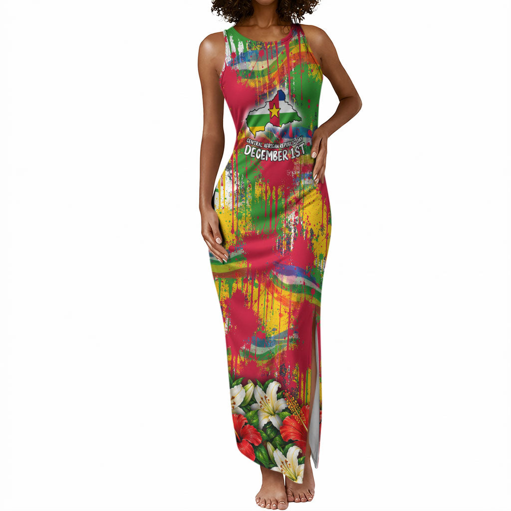 Central African Republic Day Tank Maxi Dress Elephant Colorful Paint Splatter Map Tropical Flowers