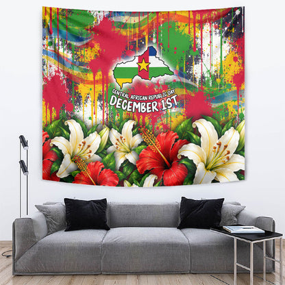 Central African Republic Day Tapestry Elephant Colorful Paint Splatter Map Tropical Flowers