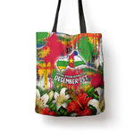 Central African Republic Day Tote Bag Elephant Colorful Paint Splatter Map Tropical Flowers