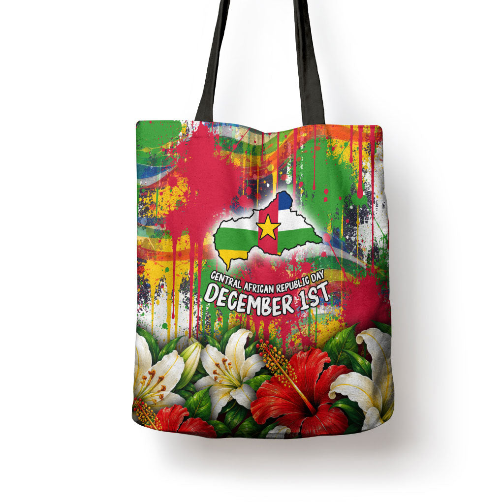 Central African Republic Day Tote Bag Elephant Colorful Paint Splatter Map Tropical Flowers