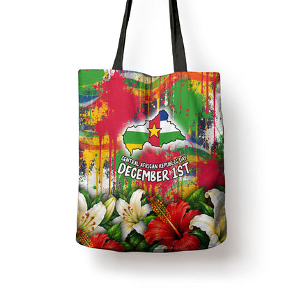 Central African Republic Day Tote Bag Elephant Colorful Paint Splatter Map Tropical Flowers