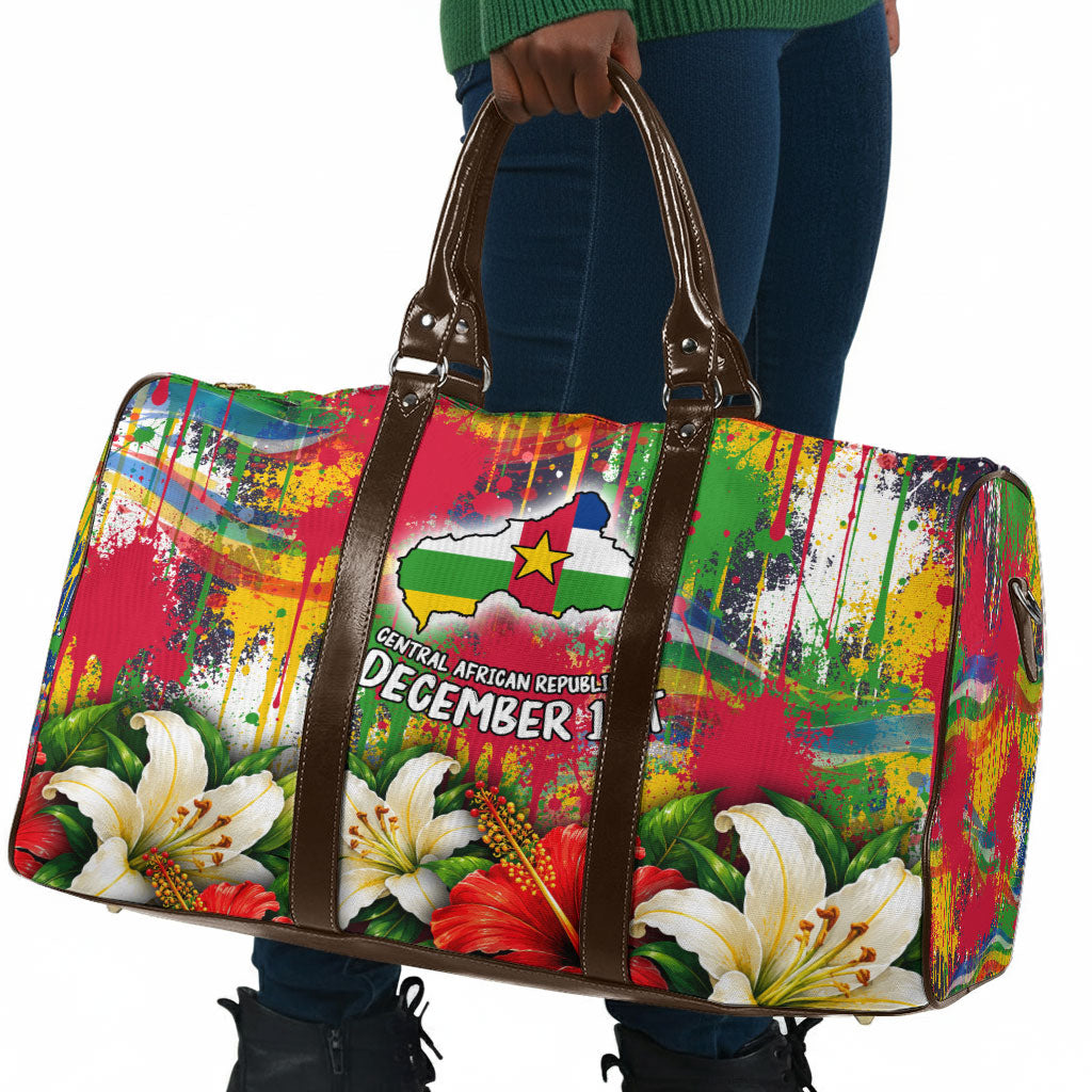 Central African Republic Day Travel Bag Elephant Colorful Paint Splatter Map Tropical Flowers