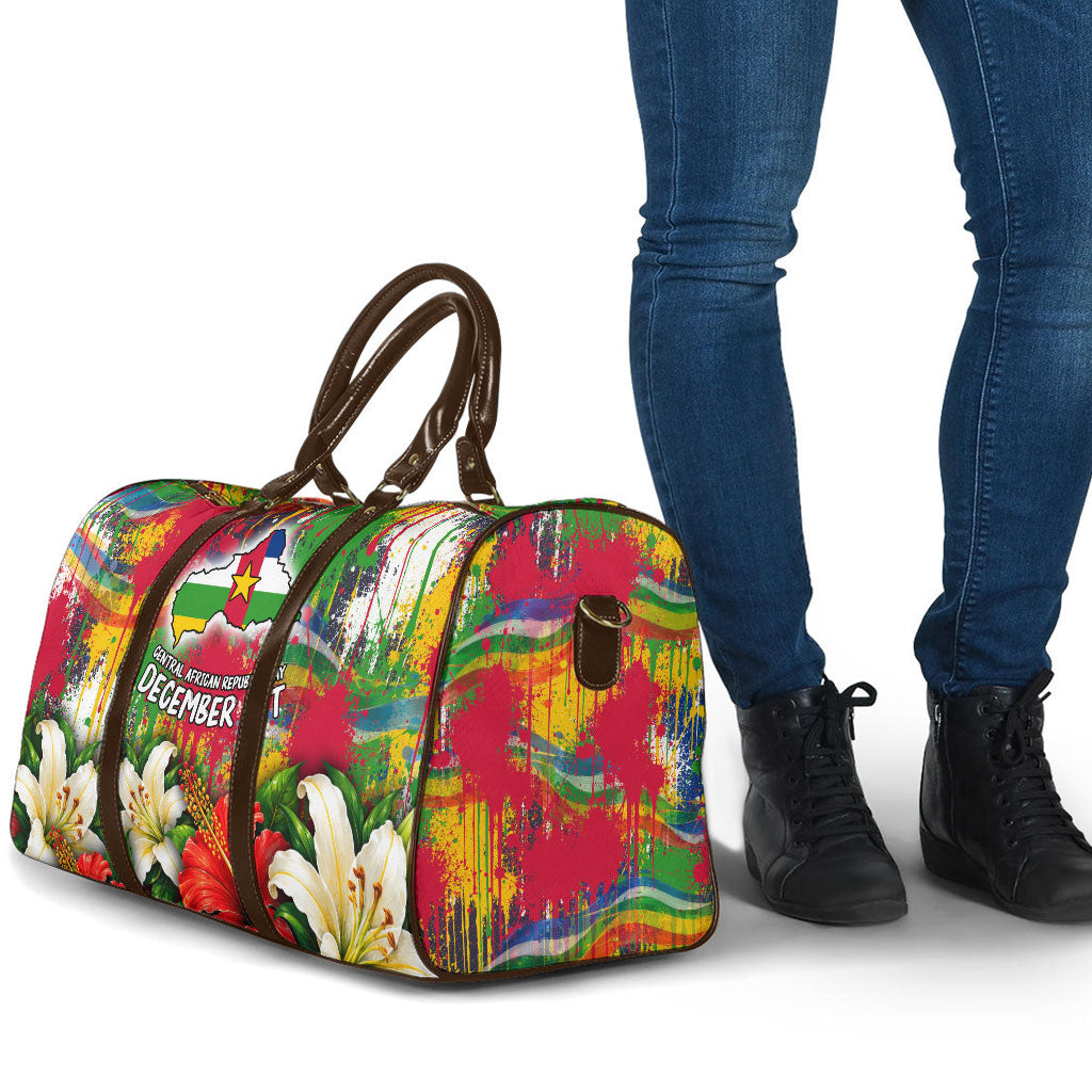 Central African Republic Day Travel Bag Elephant Colorful Paint Splatter Map Tropical Flowers