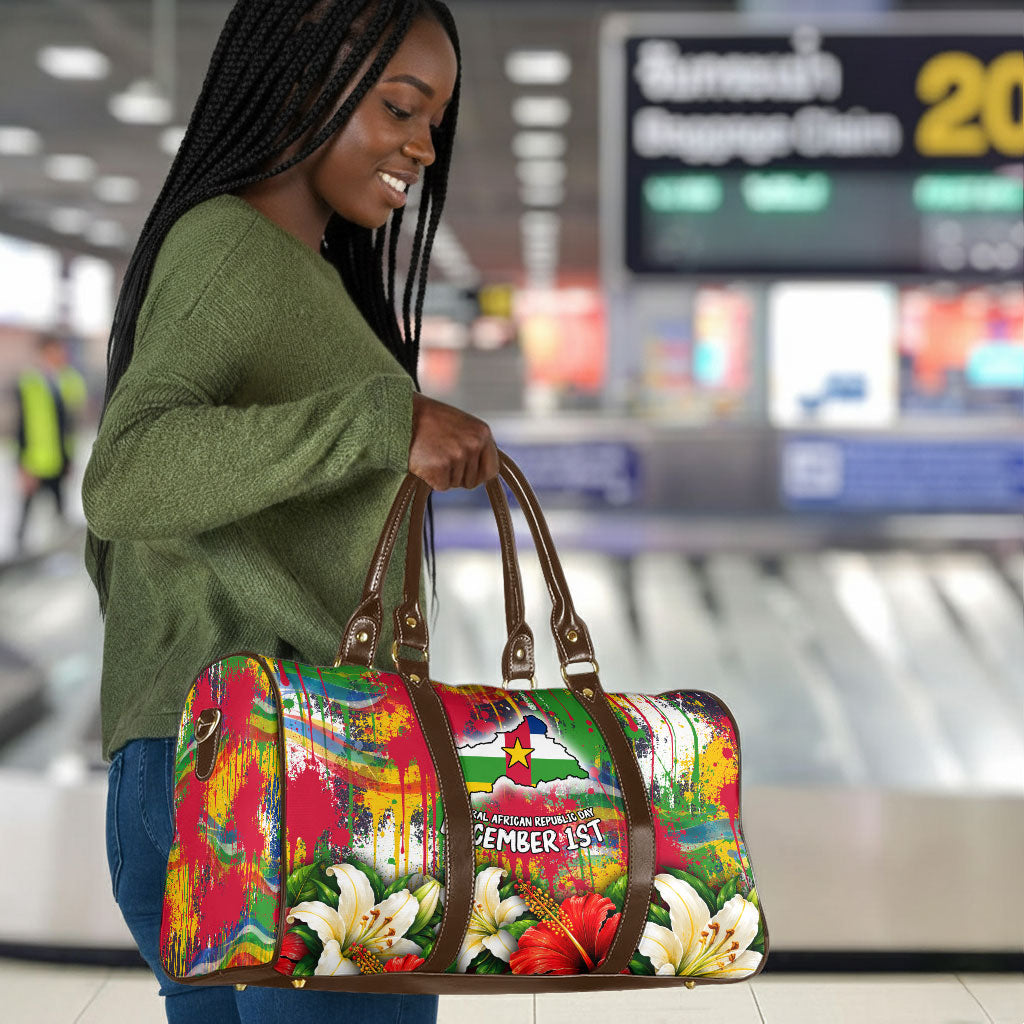 Central African Republic Day Travel Bag Elephant Colorful Paint Splatter Map Tropical Flowers