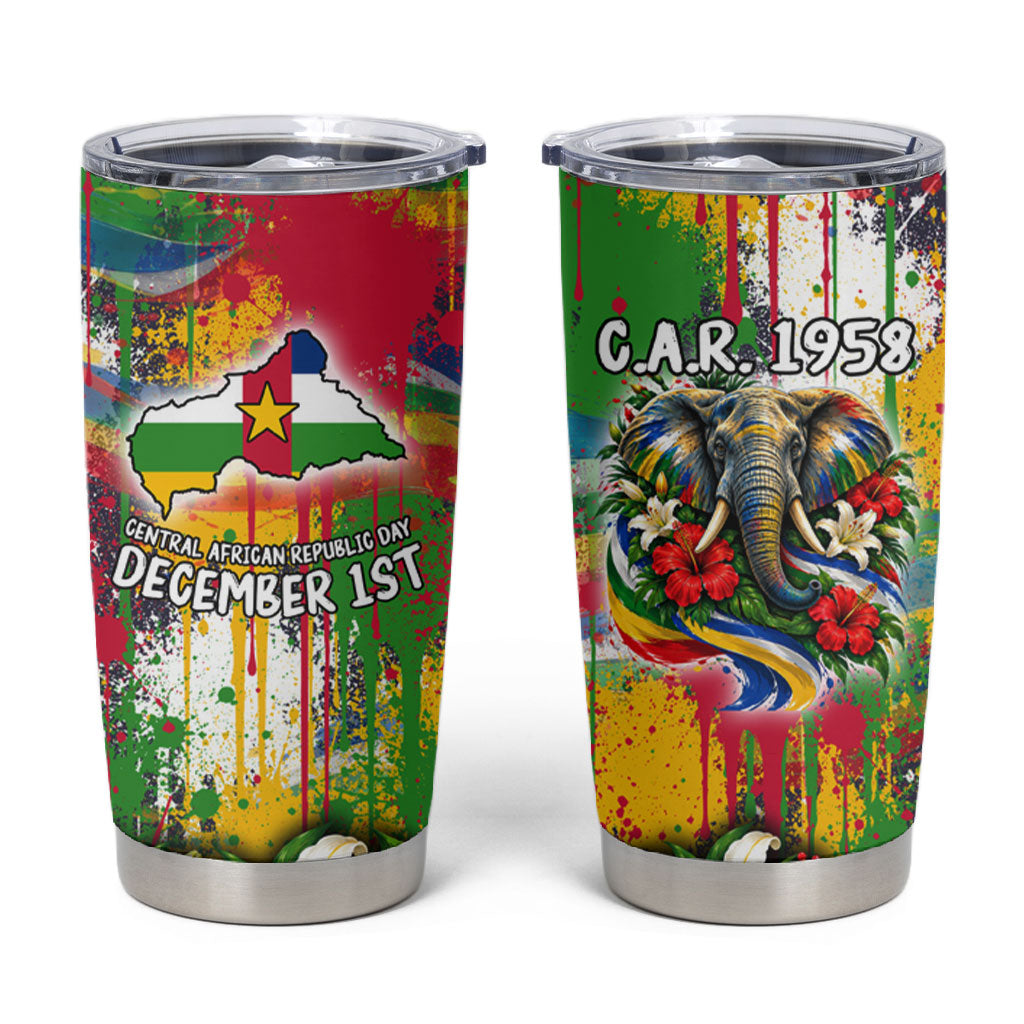 Central African Republic Day Tumbler Cup Elephant Colorful Paint Splatter Map Tropical Flowers
