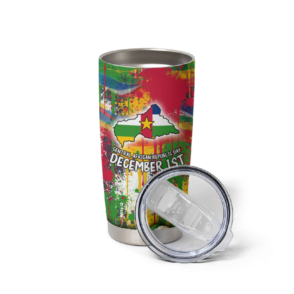 Central African Republic Day Tumbler Cup Elephant Colorful Paint Splatter Map Tropical Flowers
