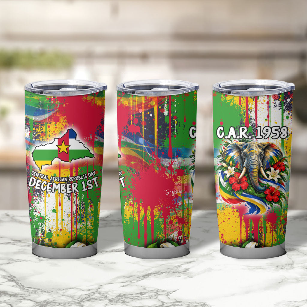 Central African Republic Day Tumbler Cup Elephant Colorful Paint Splatter Map Tropical Flowers