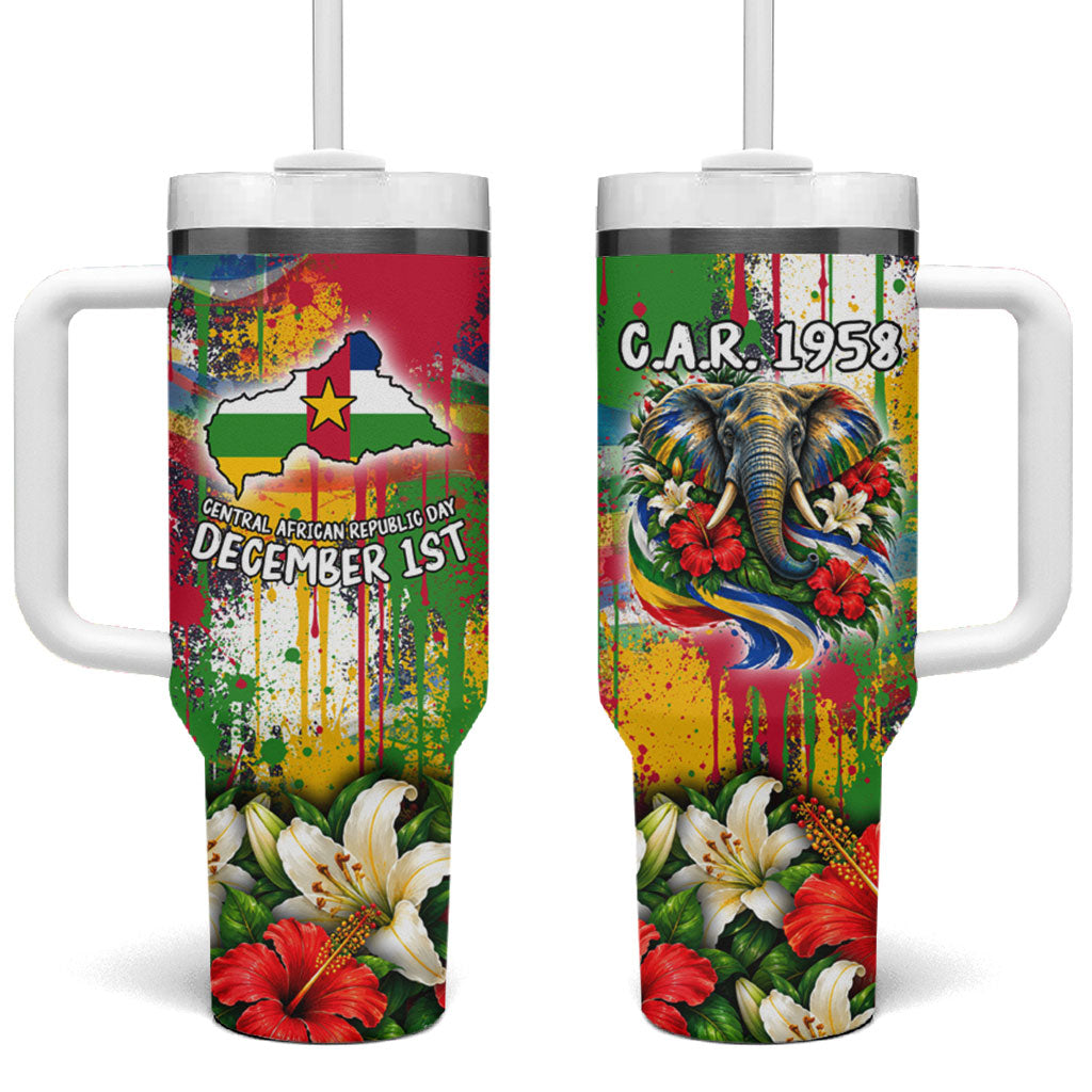 Central African Republic Day Tumbler With Handle Elephant Colorful Paint Splatter Map Tropical Flowers