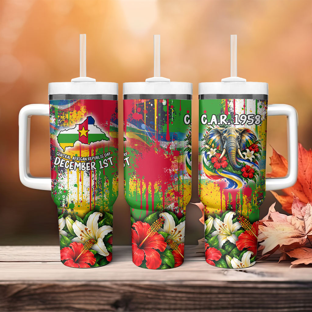Central African Republic Day Tumbler With Handle Elephant Colorful Paint Splatter Map Tropical Flowers