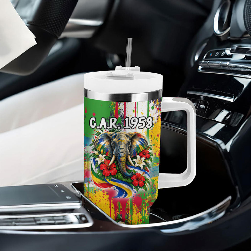 Central African Republic Day Tumbler With Handle Elephant Colorful Paint Splatter Map Tropical Flowers