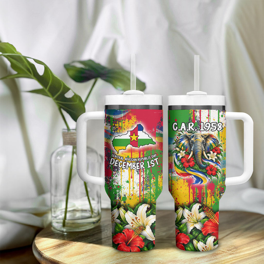 Central African Republic Day Tumbler With Handle Elephant Colorful Paint Splatter Map Tropical Flowers