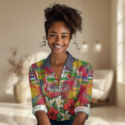 Central African Republic Day Women Casual Shirt Elephant Colorful Paint Splatter Map Tropical Flowers
