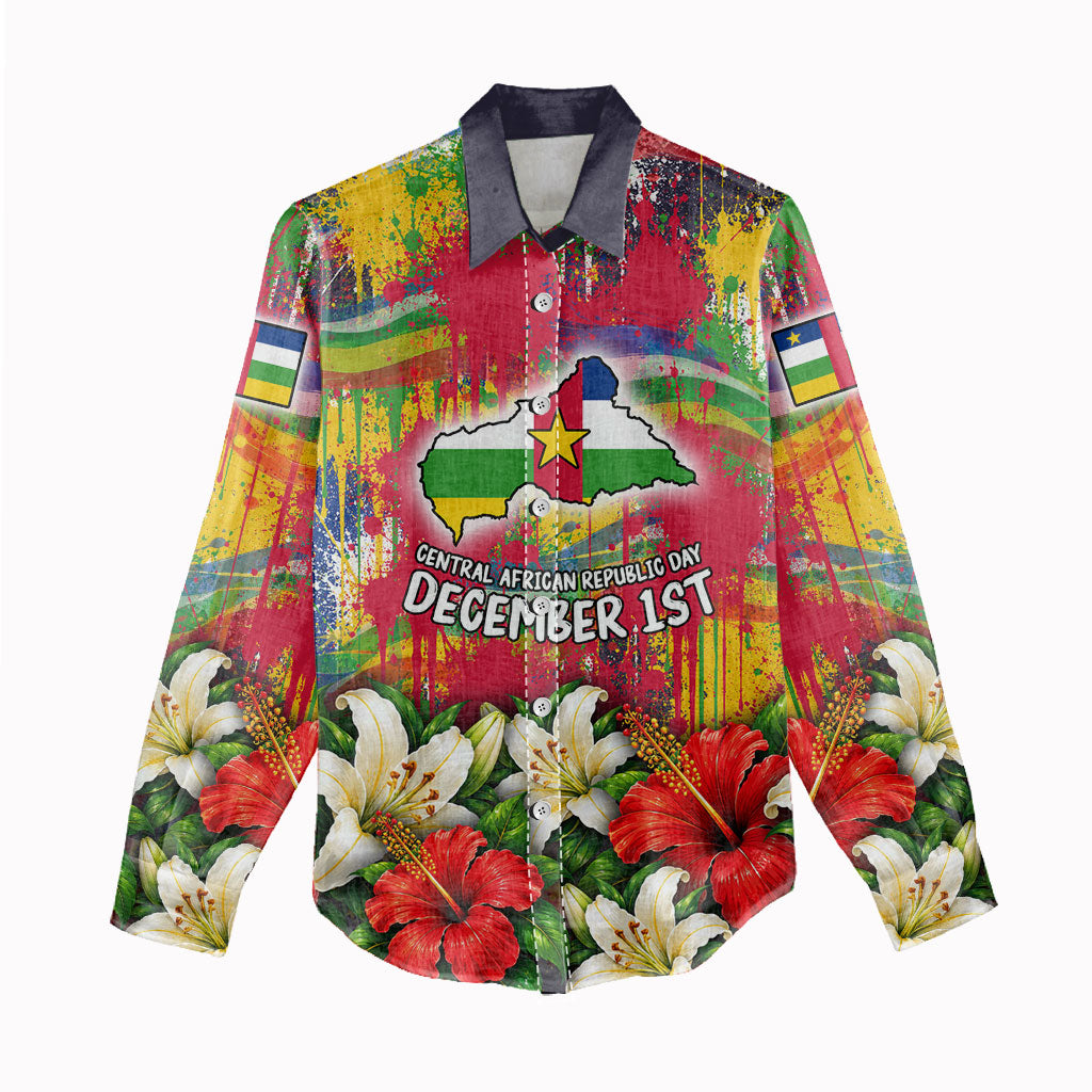 Central African Republic Day Women Casual Shirt Elephant Colorful Paint Splatter Map Tropical Flowers