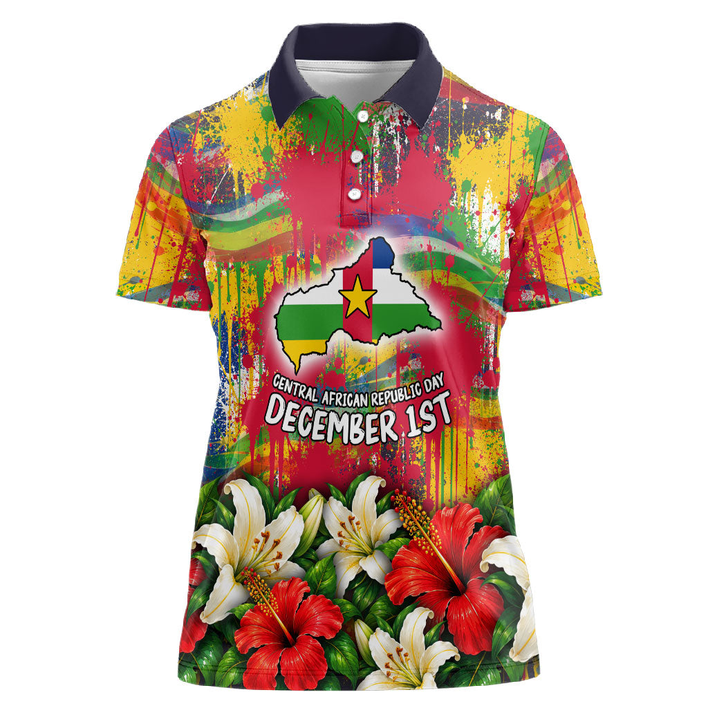 Central African Republic Day Women Polo Shirt Elephant Colorful Paint Splatter Map Tropical Flowers