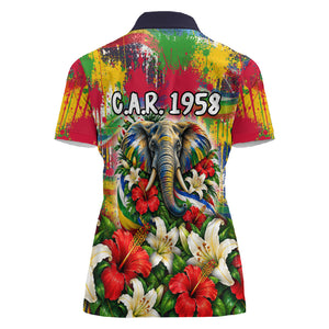 Central African Republic Day Women Polo Shirt Elephant Colorful Paint Splatter Map Tropical Flowers