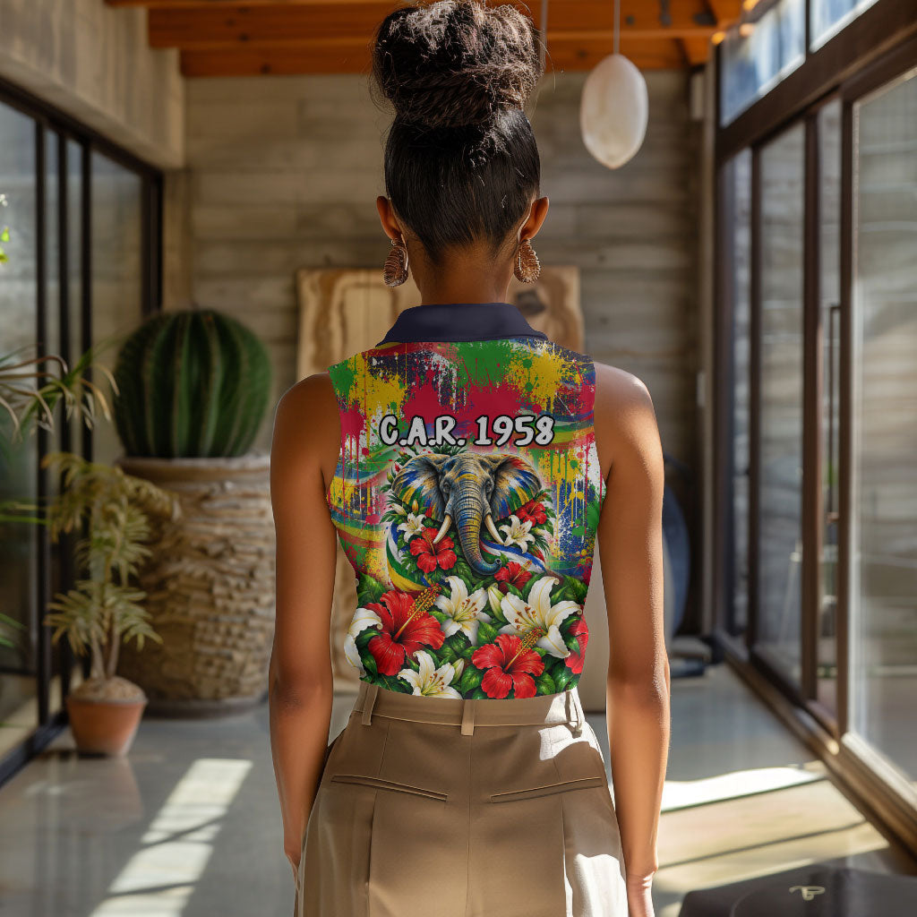 Central African Republic Day Women Sleeveless Polo Shirt Elephant Colorful Paint Splatter Map Tropical Flowers