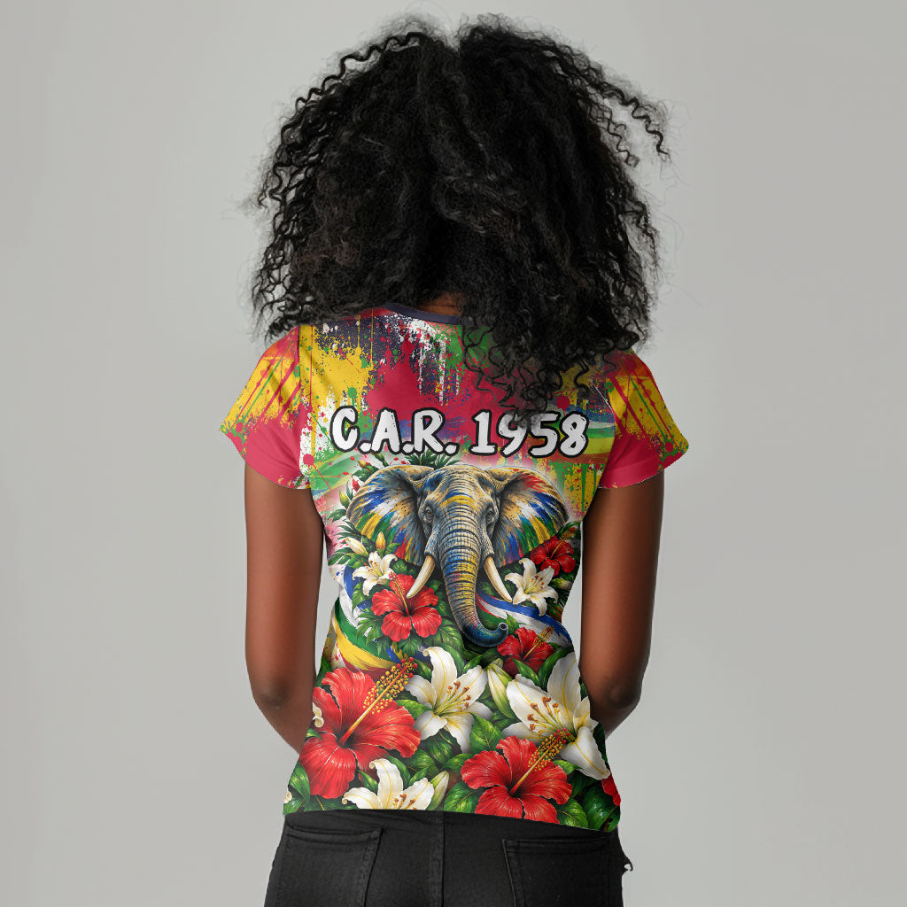 Central African Republic Day Women V-Neck T-Shirt Elephant Colorful Paint Splatter Map Tropical Flowers