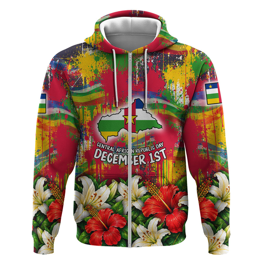 Central African Republic Day Zip Hoodie Elephant Colorful Paint Splatter Map Tropical Flowers