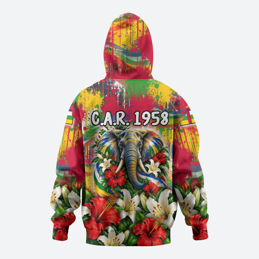 Central African Republic Day Zip Hoodie Elephant Colorful Paint Splatter Map Tropical Flowers