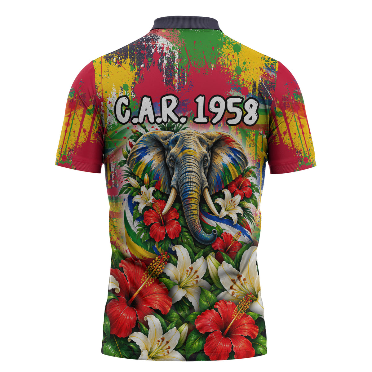 Central African Republic Day Zipper Polo Shirt Elephant Colorful Paint Splatter Map Tropical Flowers