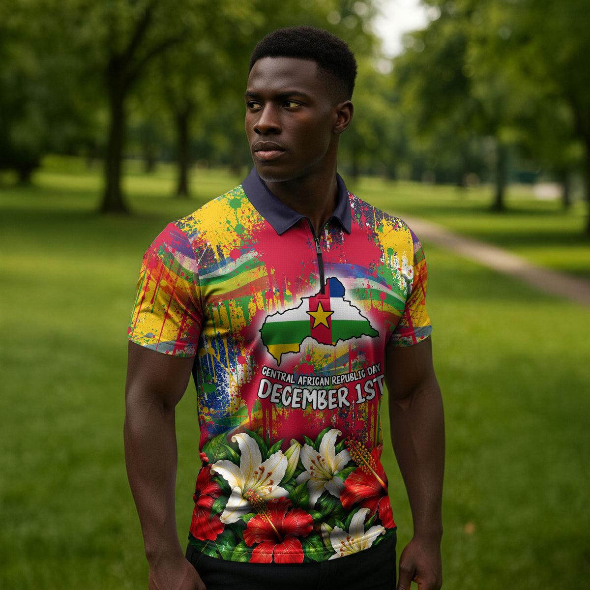 Central African Republic Day Zipper Polo Shirt Elephant Colorful Paint Splatter Map Tropical Flowers